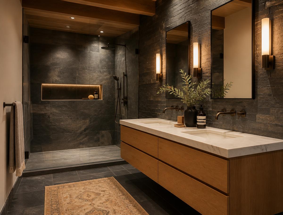Slate Spa Bath — Wall Tile · Marble Vanity in Los Angeles