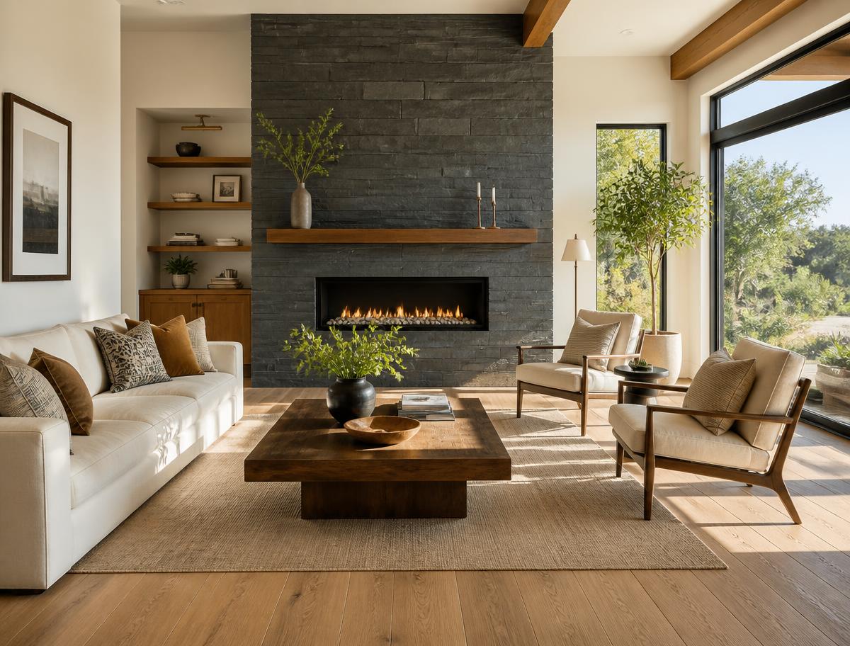 California living room with slate feature fireplace and oak flooring